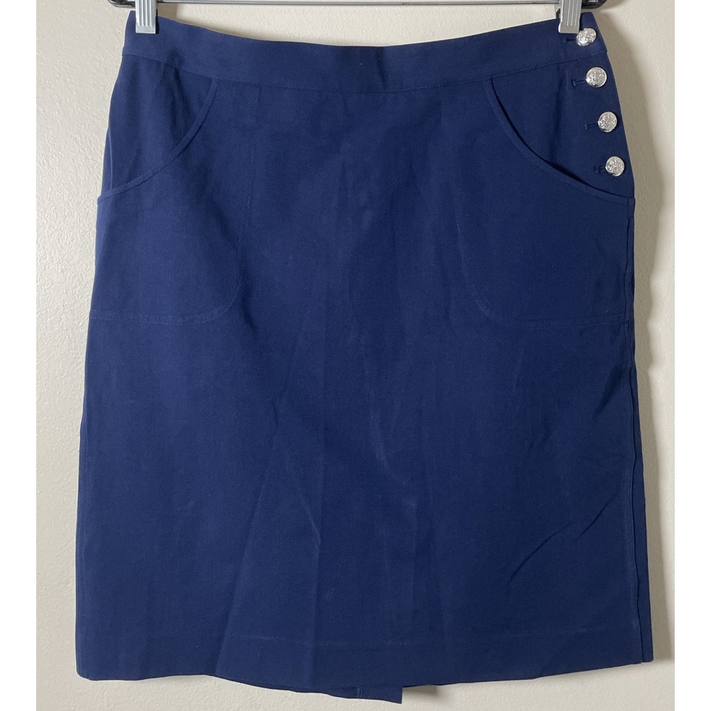 Lauren Ralph Lauren Premium Navy Blue‎ Cotton Skirt Silver Side Buttons Sz 8